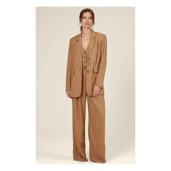 Nicholas Women US 8 Oversized Linen Blazer Charlee Camel Brown Tan Pinstripe